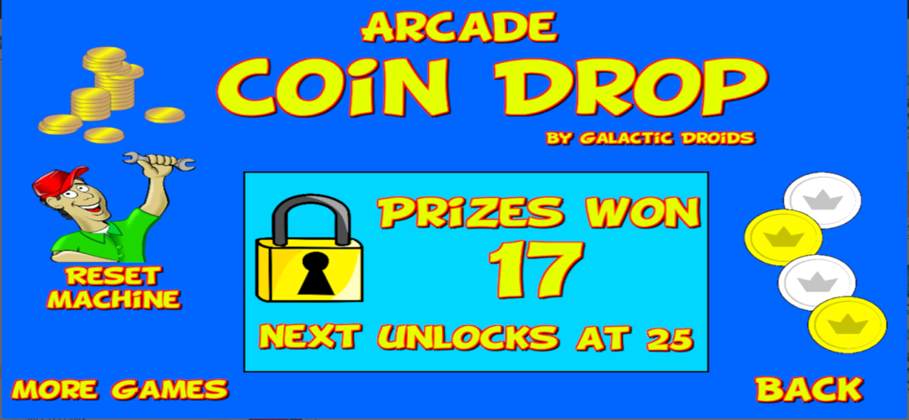 Coin Drop Pro arcade game interface showing seventeen prizes won and a cartoon mechanic
