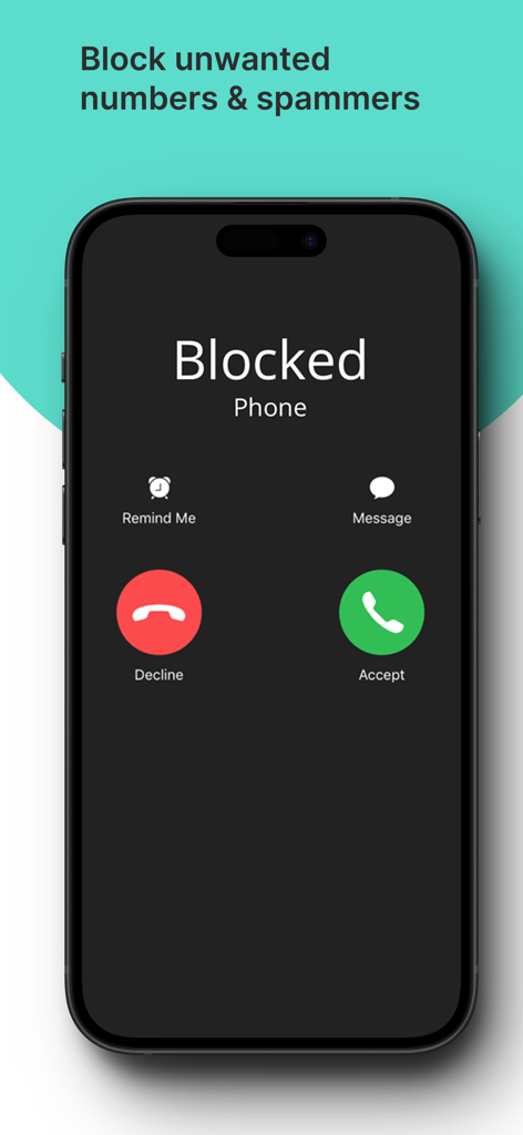 Mobile Number Tracker Location - Pantalla de smartphone que muestra una notificación de llamada bloqueada con opciones para rechazar o aceptar para prevenir spam no deseado