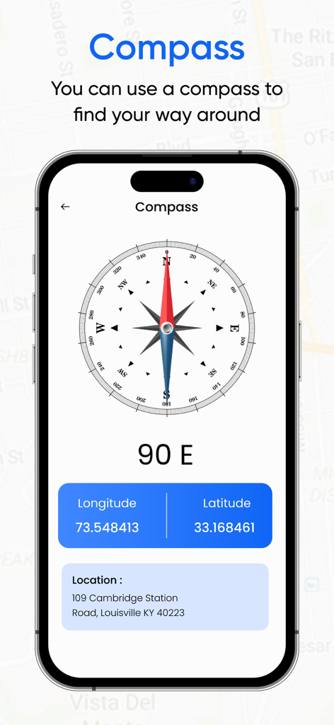 Street View Live 360 Map View - Digital compass interface in a navigation app showing current location and GPS coordinates