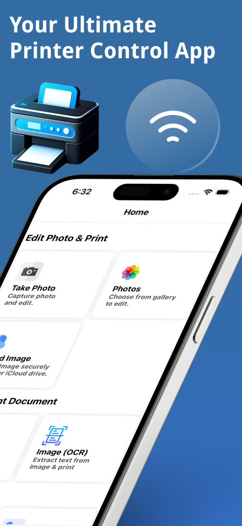 Home screen of the Printmate Printer App showing photo and OCR scanning options on an iPhone