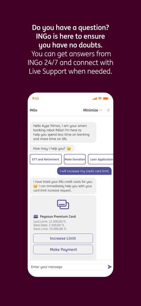 ING Mobil - Die Benutzeroberfläche der ING Mobil App zeigt den INGo KI-Banking-Chatbot, der einen Benutzer bei der Anfrage zur Erhöhung des Kreditkartenlimits unterstützt.