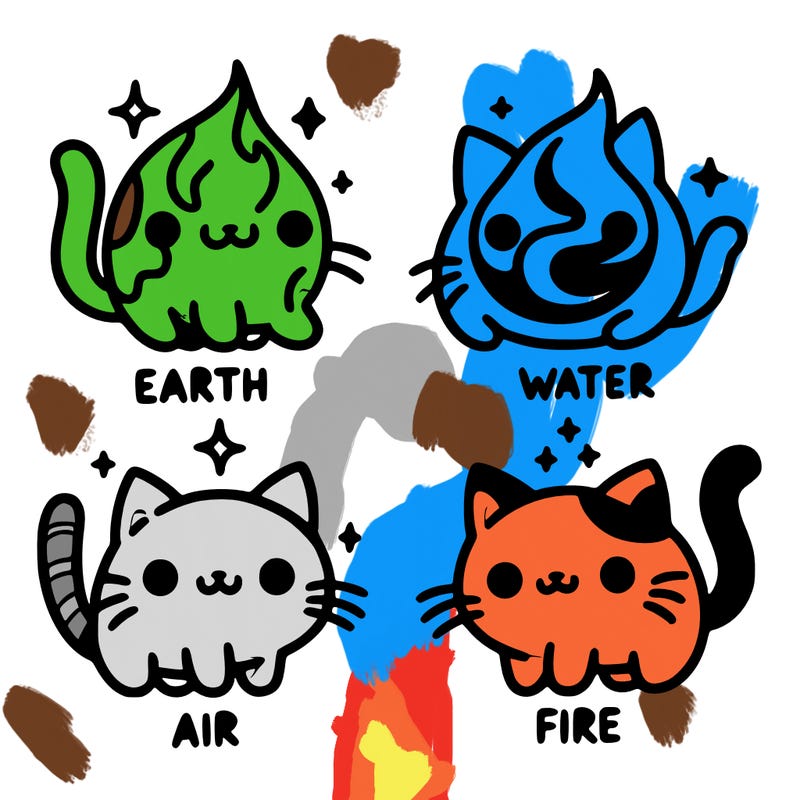 4 cats that represent the different elements, earth, water, air, and fire