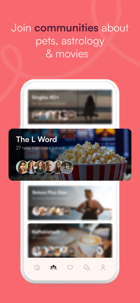 Spicy: Lesbian Dating Chat - Spicy dating app screen showing interest-based communities for lesbian and queer women.