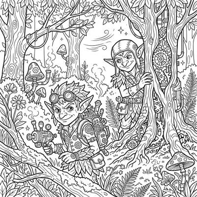 Dive into a fantastical blend of nature and machinery with our Steampunk Forest Goblins coloring page. These cunning woodland dwellers, armed with gears and gadgets, promise an engaging and imaginative artistic escapade.