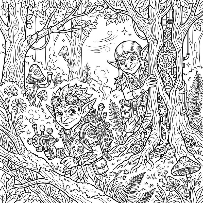 Dive into a fantastical blend of nature and machinery with our Steampunk Forest Goblins coloring page. These cunning woodland dwellers, armed with gears and gadgets, promise an engaging and imaginative artistic escapade.