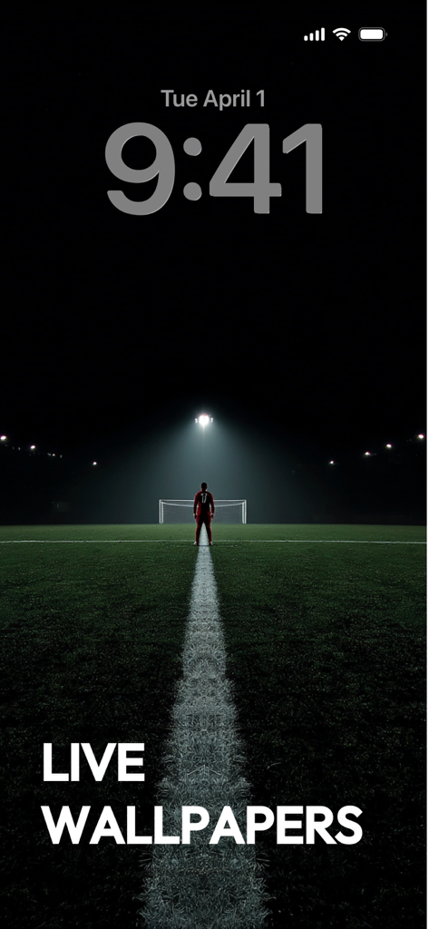 Wallpapers App for iPhone - iPhone lock screen showing a live wallpaper of a soccer player on a field under stadium lights