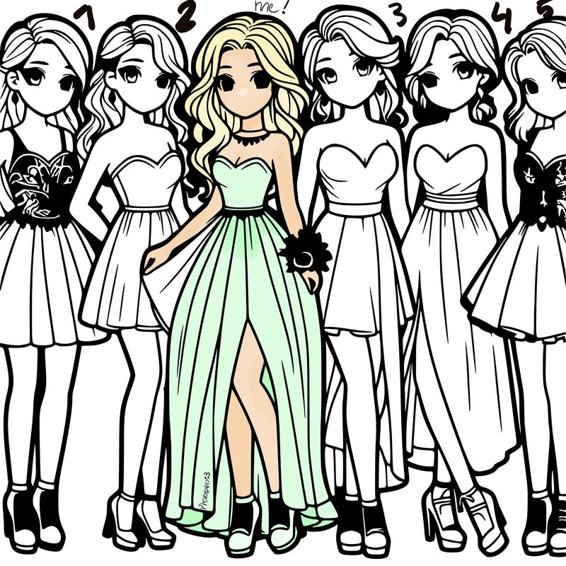 group of six teenage girls in prom dresses