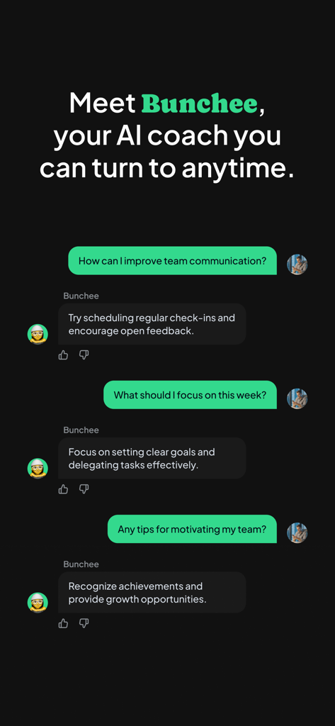 Bunch - Daily Leadership Coach - A screenshot showing a chat interface with Bunchee, an AI coach providing leadership and team management advice