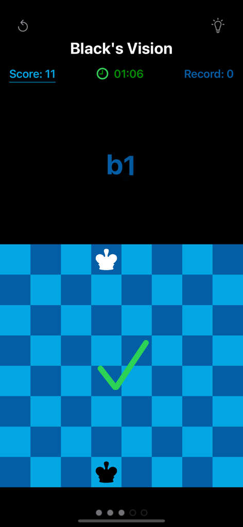 Chess Notation Lab Pro - Blacks Vision training mode in the Chess Notation Lab Pro app showing a blue chessboard with a green checkmark for the coordinate b1