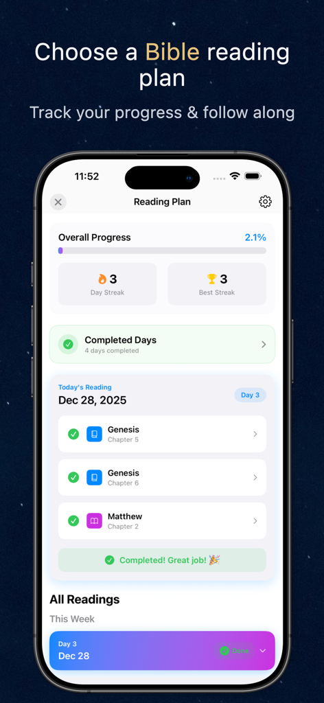 Bible Hour: Daily Verse Alerts - A mobile app interface displaying a Bible reading plan with overall progress and daily streaks
