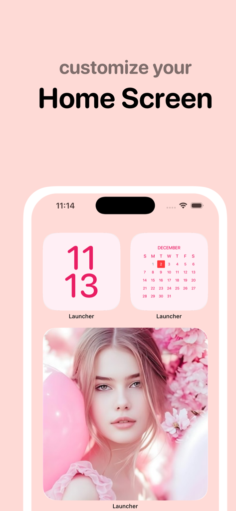 Customized iOS home screen featuring aesthetic pink clock calendar and photo widgets from the Magic Launcher app