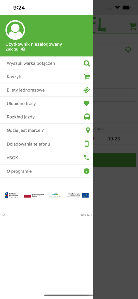Navigation menu of the Marcel Bus app with options for bus tickets and route searches