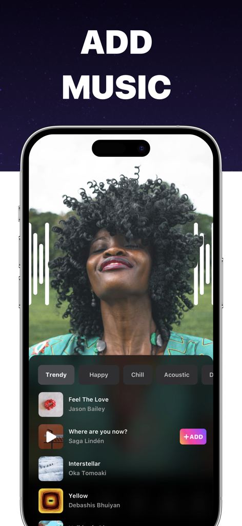 Boomerang - Video Maker - Interface of Boomerang Video Maker app displaying options to add trendy music to a video