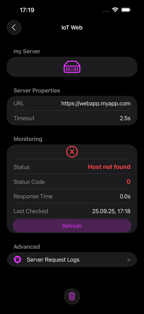 Detailed view of a server status in WebServerMonitor displaying a host not found error.