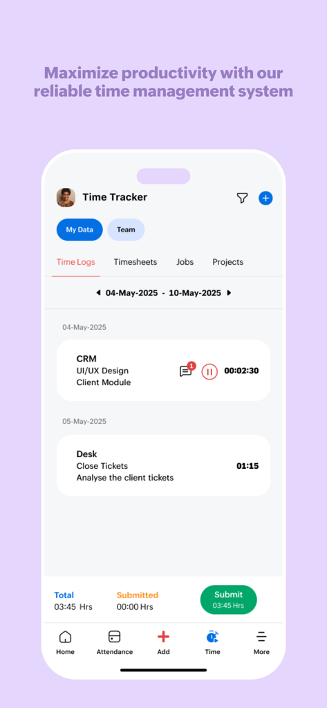Zoho People mobile app time tracker and log interface.