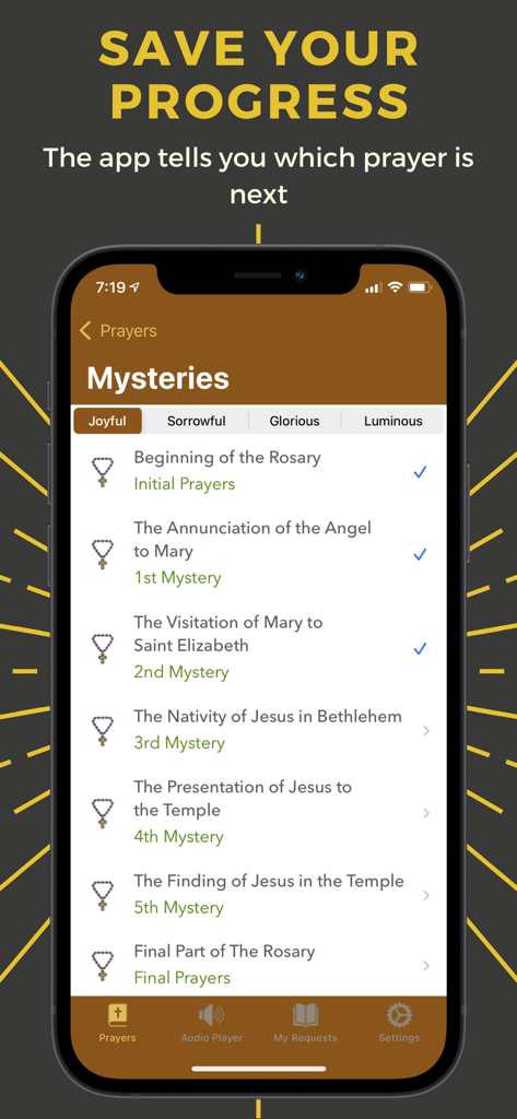 A screenshot of the Saint Jude Thaddeus app showing the Rosary mysteries and prayer progress tracking with checkmarks