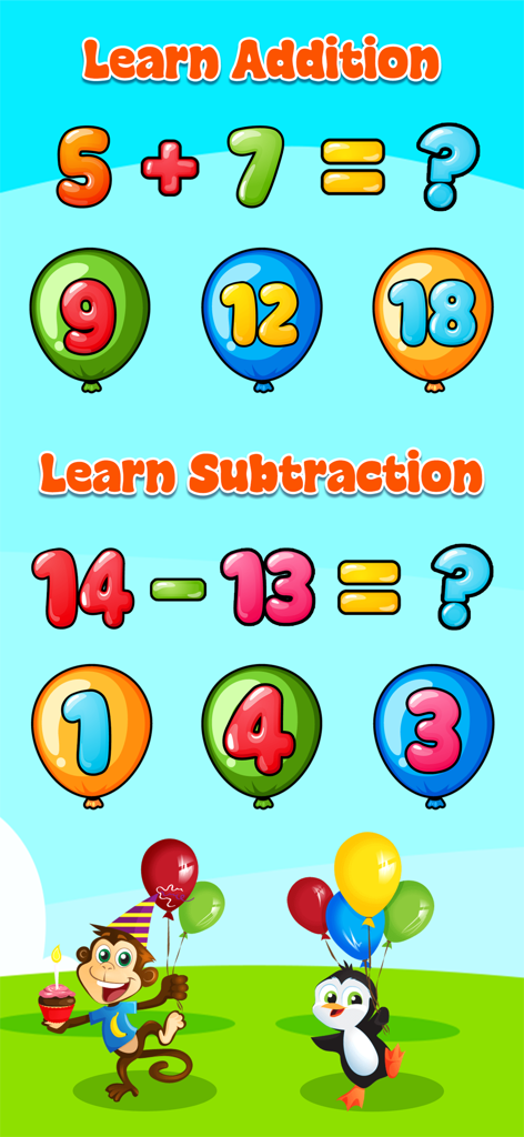 Kiddo Space Toddler Training - Educational math screen for toddlers showing addition and subtraction exercises with colorful balloons and animal characters