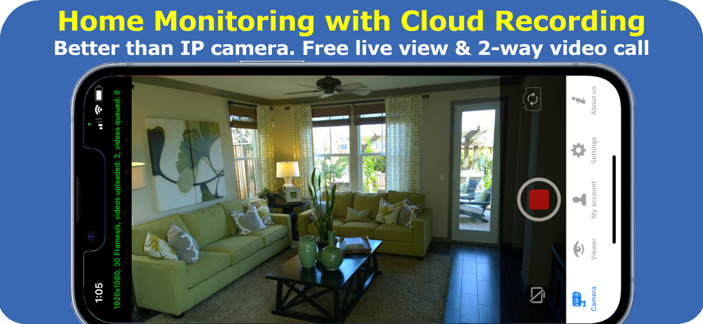 Mobile Security Camera - Mobile Security Camera app interface showing live home monitoring of a living room on a smartphone with cloud recording options