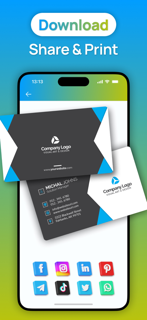 Business Card Maker : Editor - Interfaz de la aplicación móvil que muestra opciones para descargar, compartir e imprimir diseños de tarjetas de presentación personalizados