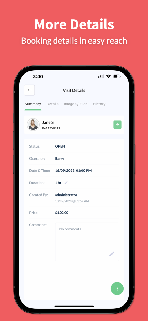 Simple Salon - Screenshot of the Simple Salon mobile app showing the visit details screen for a client appointment including date time and service price