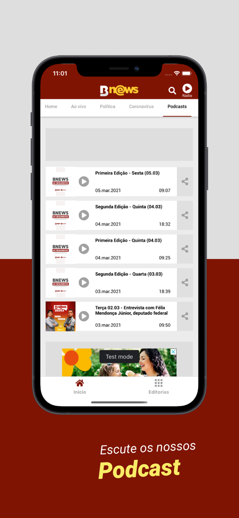 Exibição da seção de podcasts do aplicativo BNews Oficial.