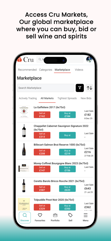 Cru World Wine mobile marketplace interface displaying fine wine listings and trading options