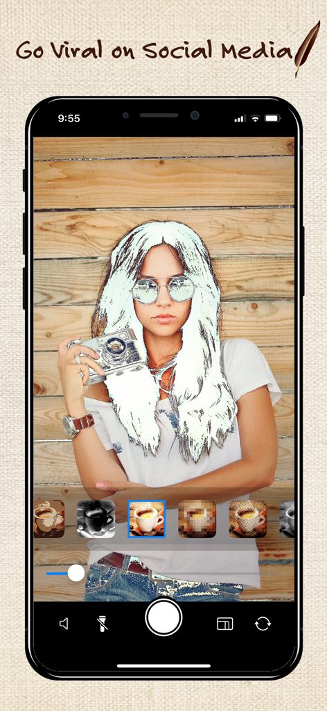 A mobile phone displaying the SketchSnap app interface with a sketch filter applied to a portrait and artistic filter options below