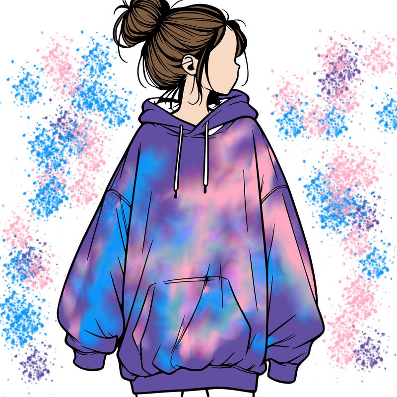 realistic girl with a oversized sweatshirt on and a bun