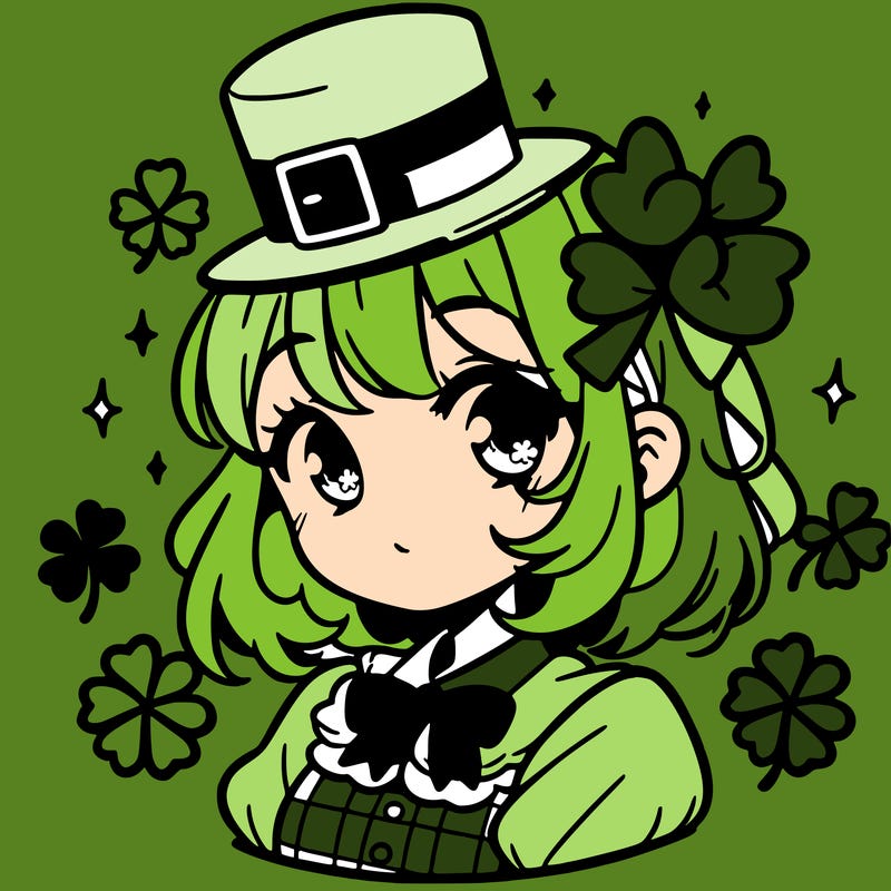 a manga-style girl with clovers around her, a little hat in her hair, like it's saint patrick's day
