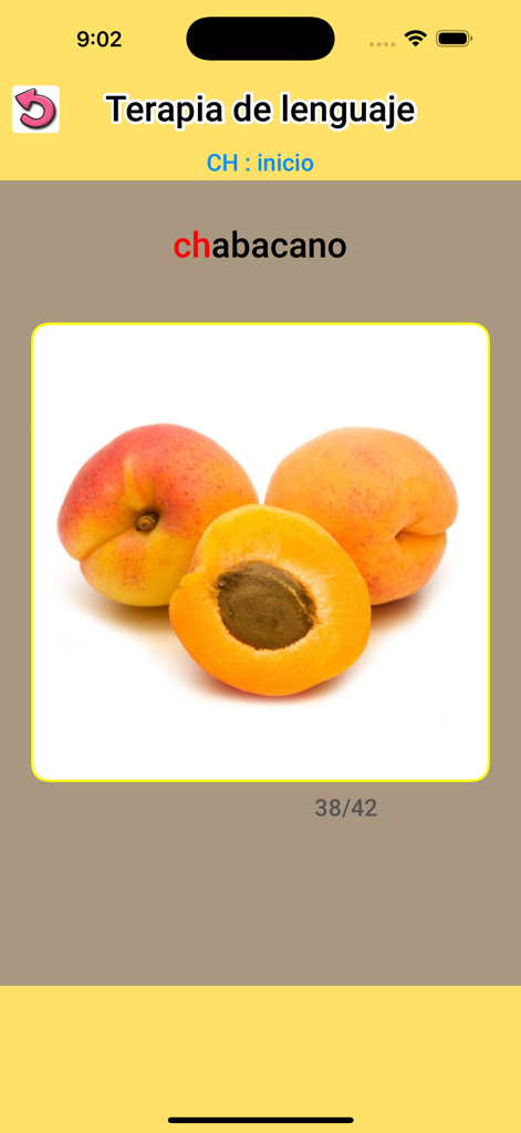 Terapia de lenguaje ejercicios - Spanish speech therapy app screen showing an apricot for the word chabacano to practice the CH sound