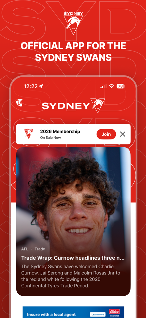 Sydney Swans Official App - Official Sydney Swans mobile app home screen showing news and membership options