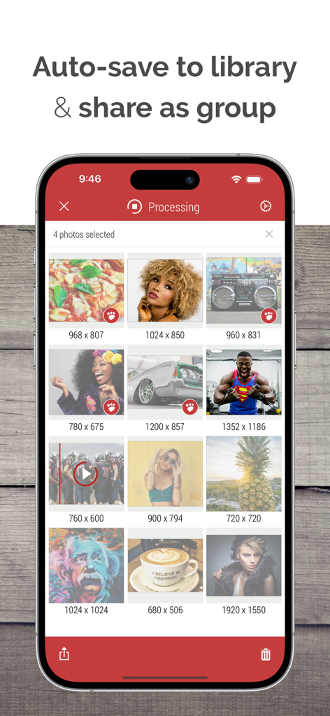 A mobile app interface showing a grid of photos and videos with pixel dimensions being processed for batch sharing and saving.