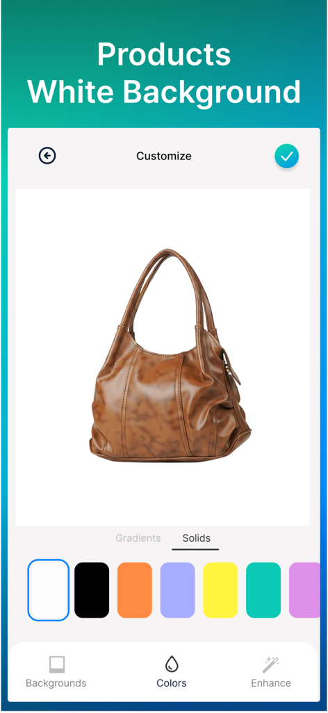 Bolso marrón aislado sobre un fondo blanco dentro de una aplicación de edición de fotos para productos de comercio electrónico.