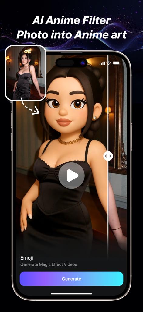 Genie AI - AI Video Generator - AI Anime Filter transforming a portrait photo into 3D anime art