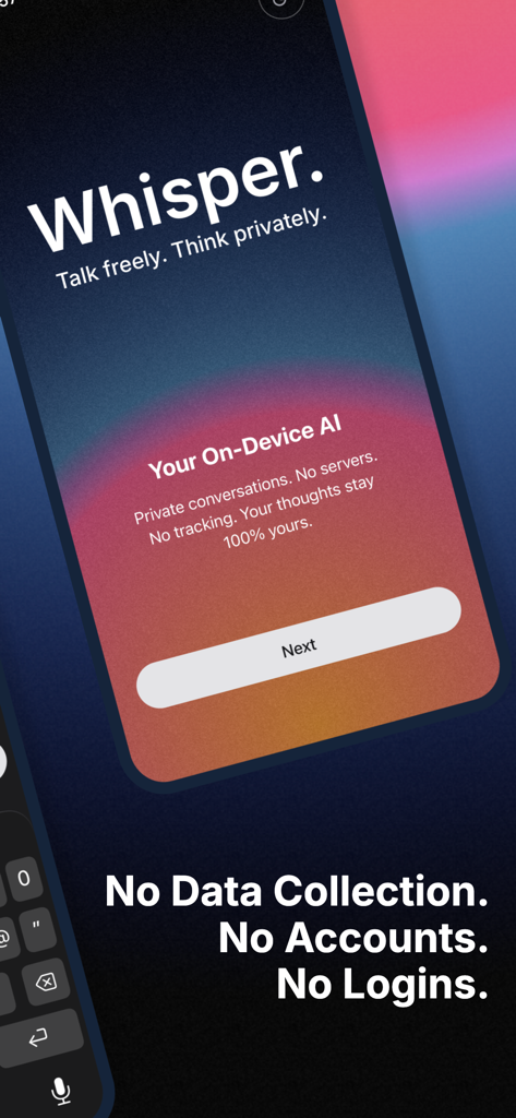 Whisper: On-Device AI - Pantalla de bienvenida de la aplicación Whisper destacando la IA privada en el dispositivo y la no recopilación de datos