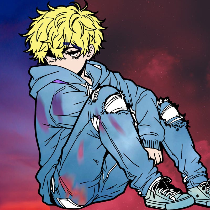 a male hoddie ripped jeans messy hair anime