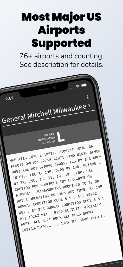 Teléfono inteligente mostrando datos meteorológicos de aviación técnica para el aeropuerto General Mitchell Milwaukee dentro de la ATIS App.