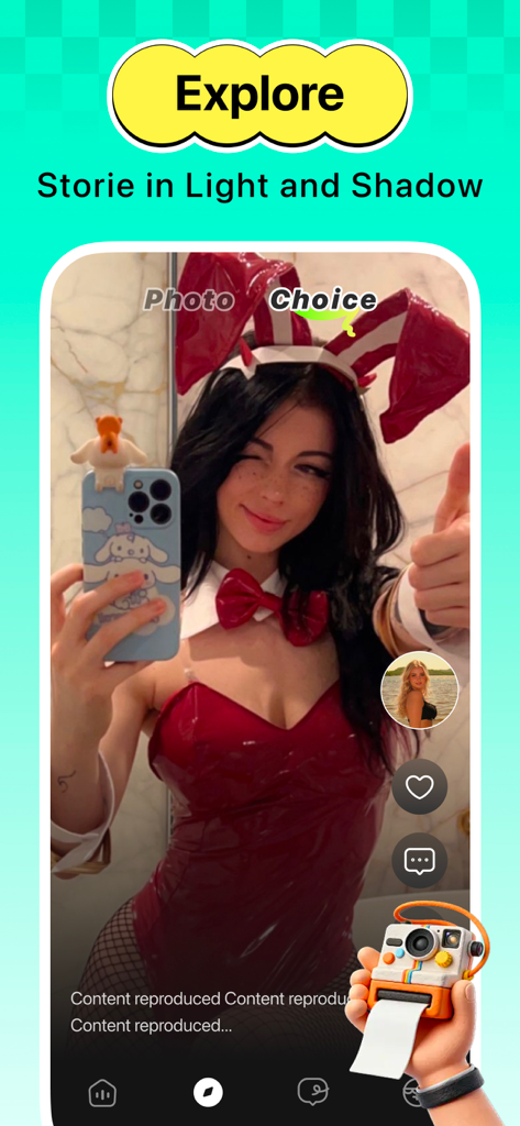 Candid - Capture the Moment - Ein Screenshot der Candid-App-Explore-Seite, der ein Selfie des Benutzers mit Social-Engagement-Symbolen und einer Vintage-Kameragrafik zeigt