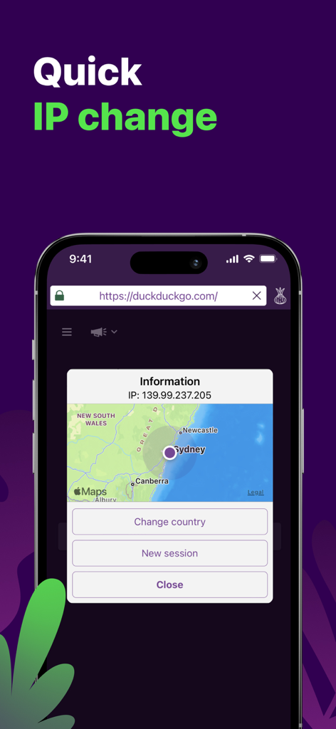 TOR Web Browser Dark Onion - Interfaz de la aplicación TOR Web Browser Dark Onion mostrando una función de cambio rápido de IP con un mapa de Sídney