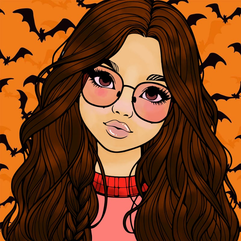 girl with long hair and freckles and glasses realistic