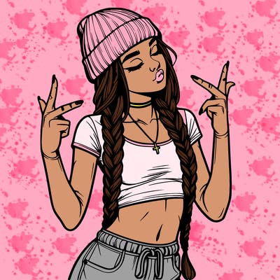 realistic teenage girl with braids and a beanie and crop top doing 🫶🏼