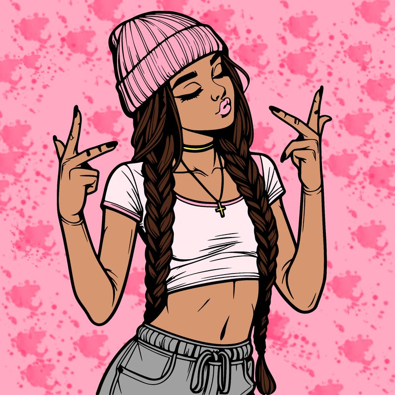 realistic teenage girl with braids and a beanie and crop top doing 🫶🏼