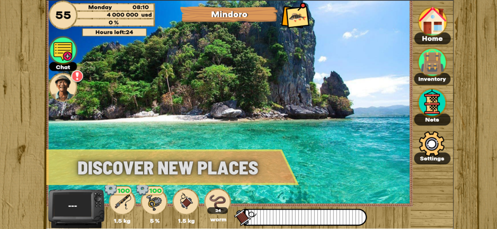 Real Fishing Simulator - Tropical beach scene in Real Fishing Simulator showing game interface and discover new places text