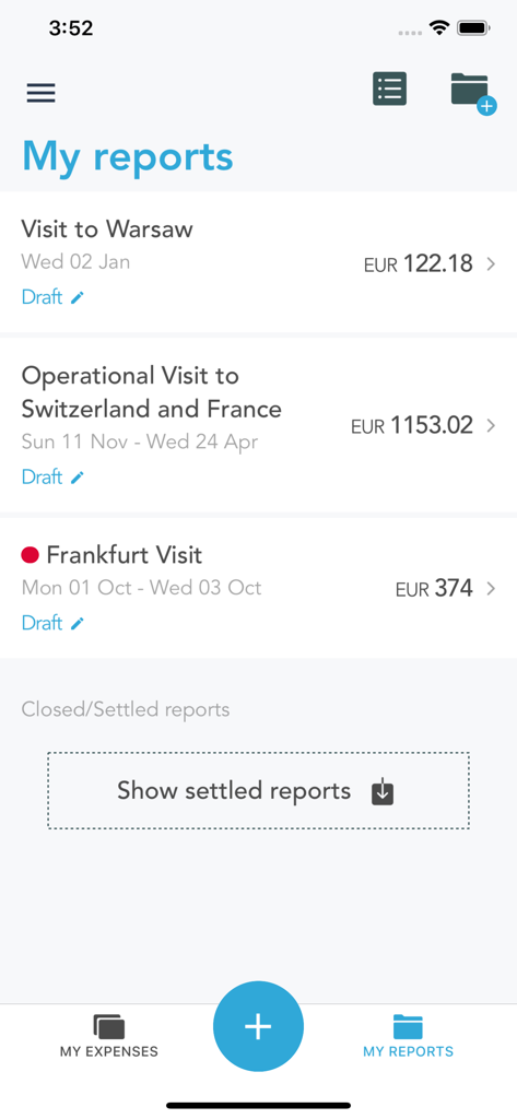 SpendCatcher by Mobilexpense - SpendCatcher App-Oberfläche, die Entwürfe von Spesenabrechnungen für Geschäftsreisen anzeigt.