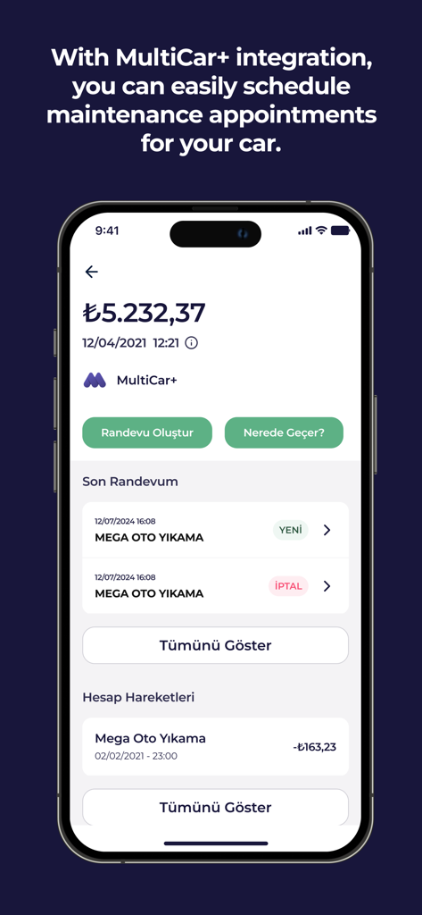 MultiPay - Digital Wallet - MultiPayアプリ画面。車のメンテナンス予約や洗車取引の追跡のためのMultiCar連携を表示