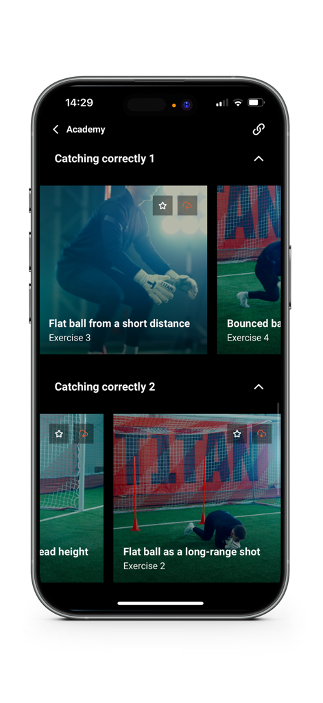 T1TAN Academy - T1TAN Academy app interface displaying goalkeeper video lessons for catching drills