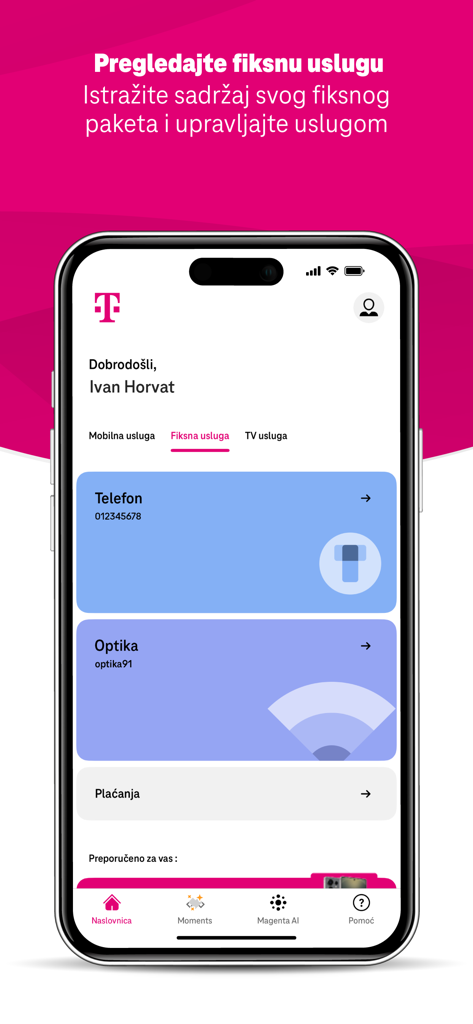 Telekom ME - Telekom ME mobile app dashboard for fixed line and fiber optic services management