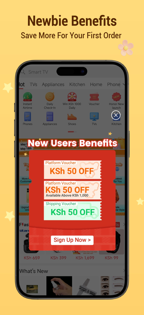 Kilimall - Affordable Shopping - Kilimall app screenshot showing welcome vouchers and discounts for new users