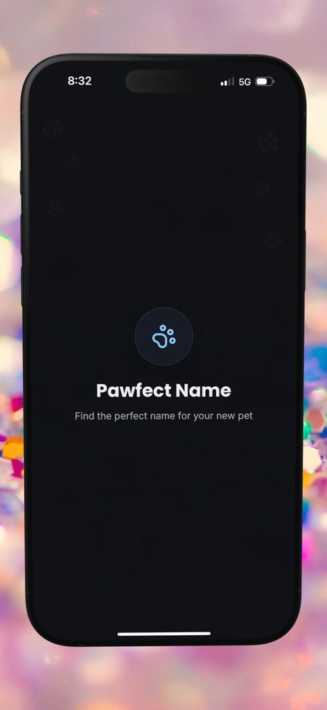 Pantalla de inicio de la aplicación Pawfect Name con un ícono de huella azul y el texto Encuentra el nombre perfecto para tu nueva mascota