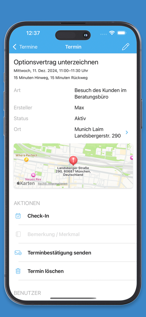 Real estate appointment management interface showing meeting details and location map in the onOffice app